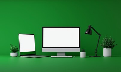 Leinwandbilder - Computer monitor, computer, laptop, phone, tablet mockup template isolated on green background. Flat modern illustration. Device icons isolated on green background.