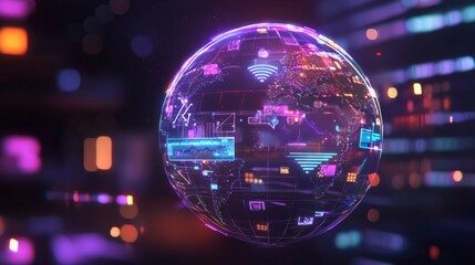Wall Mural - 3d globe with tech symbols like wi-fi, ai, and blockchain, showing global digital connectivity