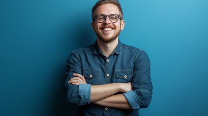 Happy fashionable handsome man in jeans and shirt smiling confidently with arms crossed against a clean white background, representing style and positivity in contemporary fashion.