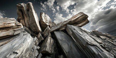 Poster - A dramatic view of large, angular rock formations under a moody sky.