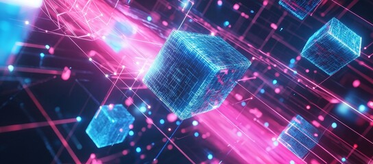 Poster - Conceptual image of futuristic digital cubes on a network connecting to a metaverse.