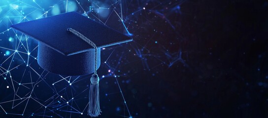 Poster - An illustration of a glowing graduation cap with a low polygonal shape on a dark background.
