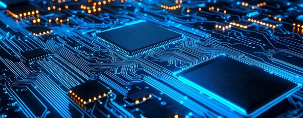 Aufkleber - Digital concept banner on a dark background with an abstract blue circuit board background with bokeh lights.