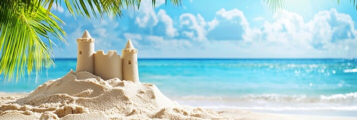 Poster - A beautiful sandcastle set against the turquoise waves of a warm ocean and tropical palm trees.