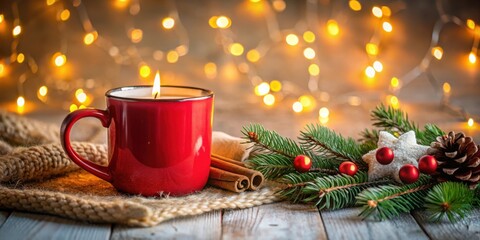 Cozy Christmas atmosphere with red festive mug, lit candle, decorations, bokeh lights