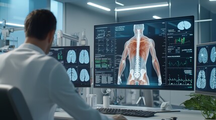 Leinwandbilder - Using a computer monitor, a man's body and heart can be seen