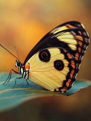 Wall Mural - A close-up of a butterfly resting on a leaf, showcasing its vibrant colors and patterns.