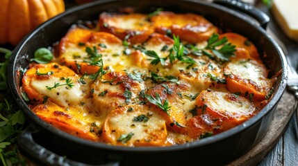 Baked pumpkin pieces served with cheese slices and herbs accompanied by a flavorful sauce