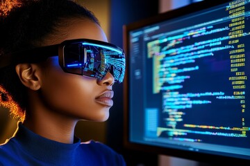 Aufkleber - A side view of a female Middle Eastern software engineer writing code in a computer with multiple screens while sitting at a desk with a green apple in the office of a tech company, copy, stock photo