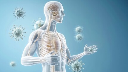 Leinwandbilder - This illustration illustrates the process of X-rays and MRIs of a 3D human body. It highlights the lungs and bacteria, illustrating how the technology helps diagnose COVID-19.