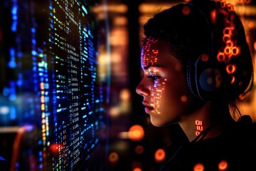 Poster - A young woman listens to music while working on her laptop during program development.