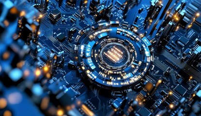 Poster - An orange and blue technology background/An orange and blue technology background circuit board and code