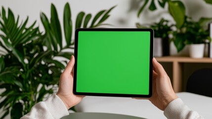 Poster - This is a first-person shot of a man using a green mock-up screen digital tablet computer at his desk. The living room in the background is cozy and cozy.