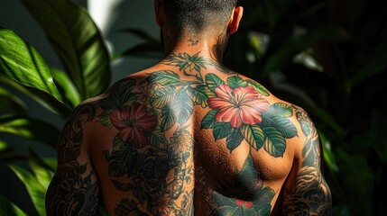 Man showcasing vibrant back tattoos featuring floral and leafy designs illuminated by natural light embodying the concept of artistic expression