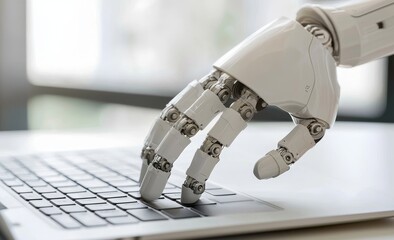 Fototapete - A robotic hand presses a laptop keyboard in 3D