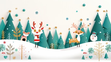 Canvas Print - Cute Abstract Winter Illustration with Festive Animals