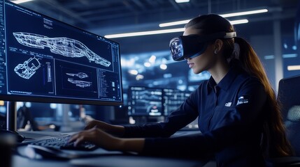 Poster - She is wearing a VR headset holding a controller as she uses the technology to develop, prototype, and design industrial products using CAD software. Female Industrial Engineer Wearing VR Headset and