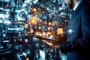 Aufkleber - Using a smart phone, a businessman controls an automated wireless robot with monitoring system software and icons on the tablet to connect to the industry's network. AI, Stockwelding, Industry4.0