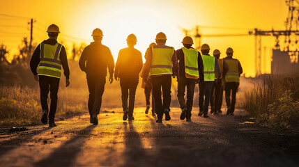 Construction workers in high-visibility vests walking at a building site during sunrise.