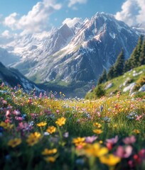 A breathtaking landscape of a lush, colorful meadow with a majestic mountain range in the background.