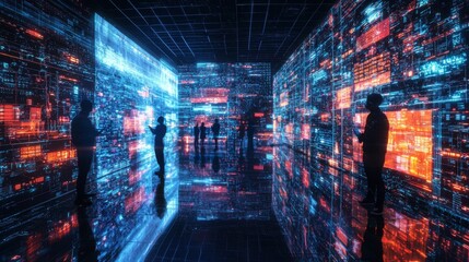 Wall Mural - global tech companies collaborating across virtual platforms with digital interfaces linking their o