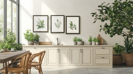 Creative and cozy kitchen interior with mock up poster frames, beige commode, plants, chair, family table and elegant accessories