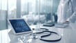 © alex - Stethoscope, tablet displaying medical data, hospital reception desk, modern sleek design. Ai generated