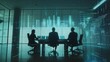 © Monchisa - Holographic Interface in Business Meeting, professionals engaged in discussion, interacting with dynamic floating data charts, showcasing advanced technology in a corporate environment