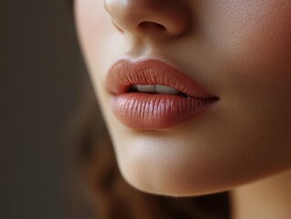 Extreme closeup of lips, showcasing the transformation after lip filler injections One side appears thin and the other plump and defined, under studio lighting