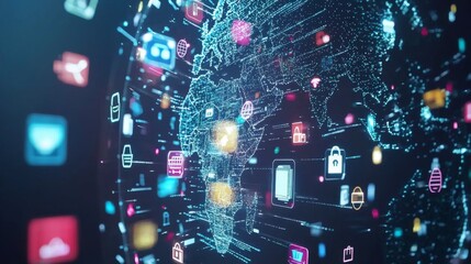 Wall Mural - international ecommerce visualized with product icons moving across the globe through digital channe