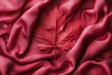 A striking red maple leaf rests elegantly on soft, flowing red fabric, creating a harmonious blend of nature and texture.