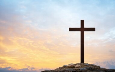 A silhouette of a cross against a vibrant sunset sky, symbolizing faith, hope, and spirituality. Perfect for religious themes and inspirational visuals.