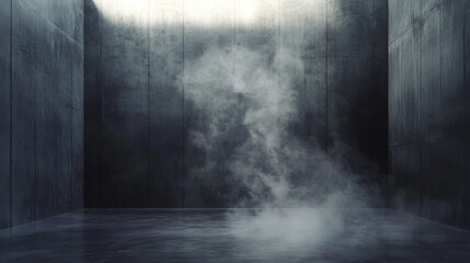 Poster - A misty, atmospheric scene featuring textured walls and a reflective floor, evoking a sense of solitude and mystery.