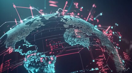 Wall Mural - a digital globe with data points and technology symbols connecting different regions of the world