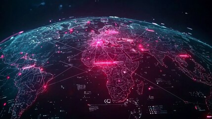 Wall Mural - a digital globe with data points and technology symbols connecting different regions of the world