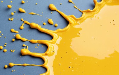 Wall Mural - vibrant yellow paint splatters on a blue surface, creating a dynamic and artistic visual perfect for