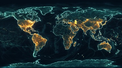 Wall Mural - global trade routes visualized as glowing lines connecting continents on a digital world map