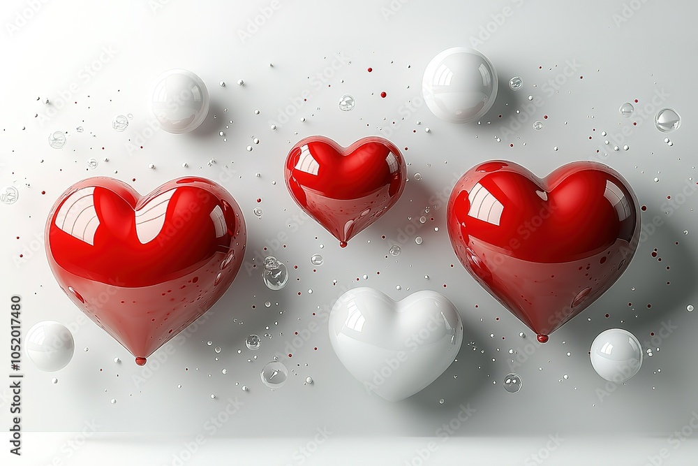 Shiny red and white hearts on a white background. Stock Photo | Adobe Stock