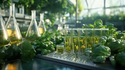 A laboratory setting with test tubes filled with a yellow liquid and surrounded by green plants, showcasing the potential for natural plant-based solutions.