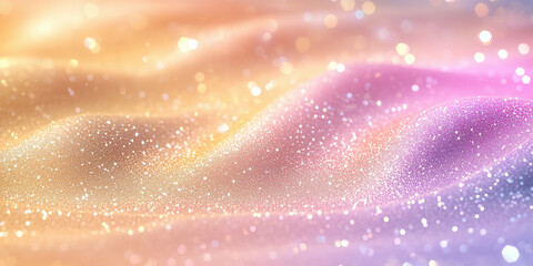 A close-up of an iridescent fabric with pastel rainbow-colored glitter, abstract bokeh background, texture wallpaper