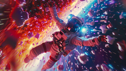 spaceman walking around a planet with piano tiles graphic illustration. wallpaper