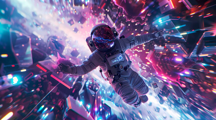 spaceman walking around a planet with piano tiles graphic illustration. wallpaper
