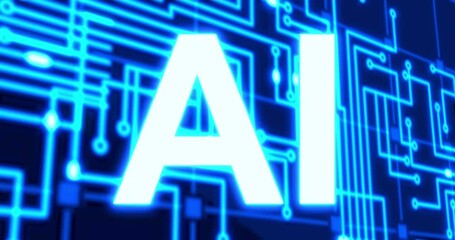 Wall Mural - futuristic movement of blue matrix digital vertical and horizontal circuit lines with on right ai wo