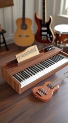 Wall Mural - A wooden keyboard instrument with a ukulele, surrounded by acoustic guitars and drums.