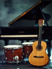 Wall Mural - A wooden guitar and conga drums are placed near a grand piano, showcasing musical instruments.