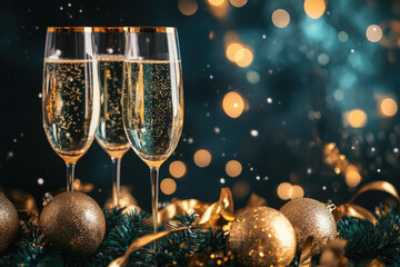 Three champagne glasses are on a table with a bunch of gold and silver ornaments. The table is decorated with Christmas ornaments and the glasses are filled with champagne. The scene is festive