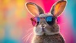 © peppastocker - Cool bunny with sunglasses on colorful background. Generative Ai