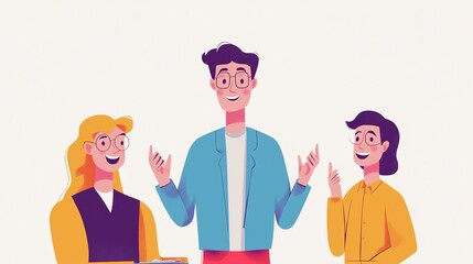 three cheerful people in conversation with animated expressions on a white isolated background.