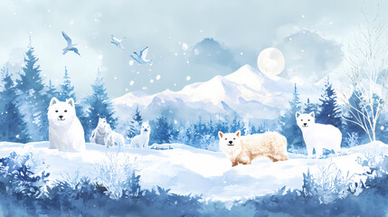 snowy tundra with arctic animals, frozen ecosystem, watercolor style. snowy tundra. illustration