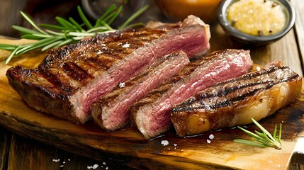 Close up of juicy grilled steak on a wooden cutting board.